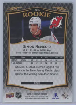 2023-24 Upper Deck Stature Rookie - Gold 19/50 Simon Nemec New Jersey Devils - Image 2