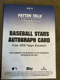 2026 Topps Series 2 Payton Tolle BSA2-PT Stars Auto Rookie RC Boston Red Sox - Image 2