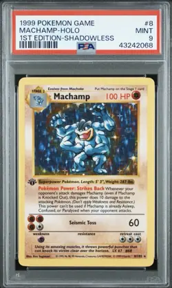 1999 MACHAMP BASE SET 1ST EDITION SHADOWLESS HOLO #8 PSA 9 MINT POKEMON - Image 1