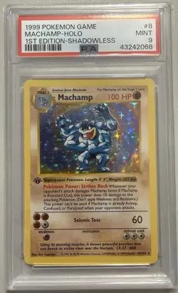 1999 MACHAMP BASE SET 1ST EDITION SHADOWLESS HOLO #8 PSA 9 MINT POKEMON - Image 3