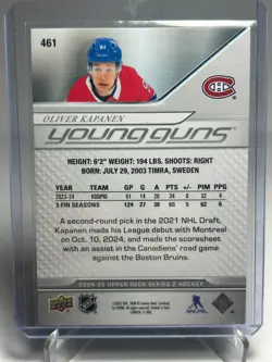 2024-25 Upper Deck Series 1 Young Guns Silver Foil Oliver Kapanen Rookie RC #461 - Image 2