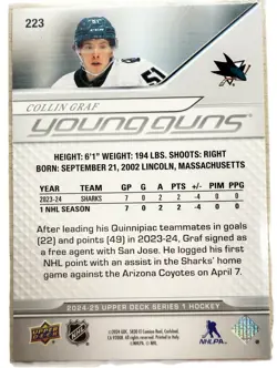 2024-25 Upper Deck Series 1 Collin Graf Young Guns RC #223 Sharks - Image 2
