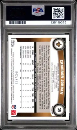 2011 Topps Chrome Cameron Jordan #39 #/499 Purple Refractor RC PSA 9 Saints NFL - Image 2