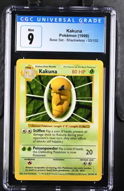 1999 POKEMON BASE SET, SHADOWLESS #33/102 KAKUNA CGC 9 - 9.5 Blue Label Mint! - Image 1
