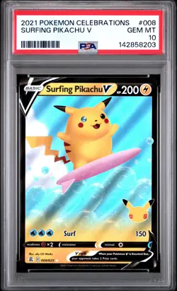 2021 POKEMON CELEBRATIONS #008 SURFING PIKACHU V PSA 10 - Image 1