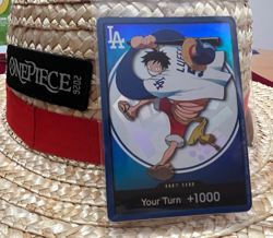 IN HAND READY TO SHIP ONE PIECE DODGERS MONKEY D LUFFY PROMO CARD & HAT 7/2 SGA - Image 1