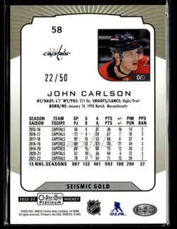 2022-23 O-Pee-Chee Platinum Seismic Gold John Carlson 22/50 #58 - Image 2