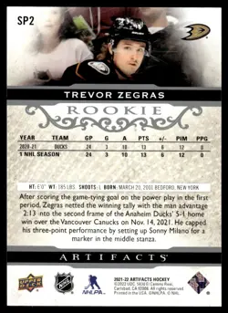 2021-22 Upper Deck Artifacts Horizontal Rookies Trevor Zegras Rookie 015/499 - Image 2
