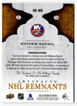 2021-22 Upper Deck Artifacts NHL Remnants Mathew Barzal Jersey New York - Image 2