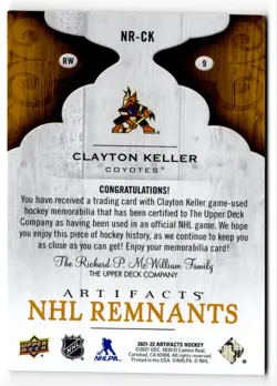 2021-22 Upper Deck Artifacts NHL Remnants Clayton Keller Jersey Arizona Coyotes - Image 2