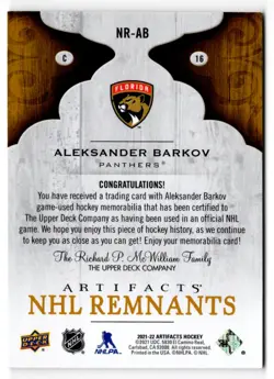 2021-22 Upper Deck Artifacts NHL Remnants Aleksander Barkov Jersey Florida - Image 2