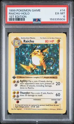 1999 POKEMON BASE SET 1ST EDITION #14 RAICHU-HOLO PSA 6 - Image 1