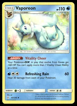Vaporeon 42/236 Uncommon 2019 Cosmic Eclipse Pokemon Near Mint - Image 1