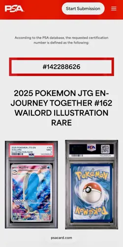 2025 POKEMON JTG EN-JOURNEY TOGETHER ILLUSTRATION RARE #162 WAILORD PSA 9 - Image 5