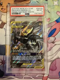 2019 Pokemon SM Black Star Pikachu & Zekrom Gx Promo Tag Tins SM168 PSA 8 - Image 1