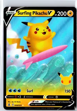 Surfing Pikachu V 008/025 Holo V Rare Celebrations Pokemon Holo Near Mint - Image 1