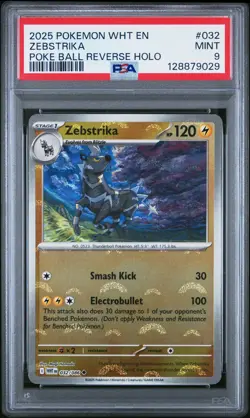 2025 POKEMON WHT EN-WHITE FLARE POKE BALL REVERSE HOLO #032 ZEBSTRIKA PSA 9 - Image 1