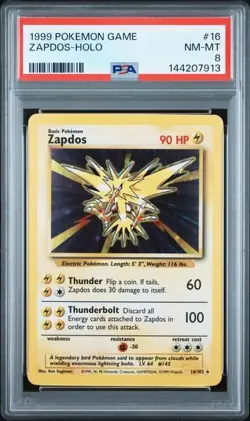 1999 Pokemon Base Set Zapdos Holo 16/102 PSA 8 NM-MT - Image 1