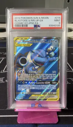 PSA 9 2019 POKEMON COSMIC ECLIPSE #214 BLASTOISE & PIPLUP GX MINT - Image 1