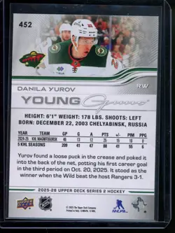 DANILA YUROV 2025-26 Upper Deck Series 2 Young Guns #452 Minnesota Wild RC - Image 2