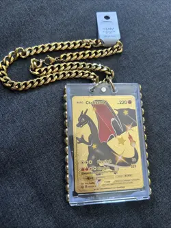 Gold Charizard Art Card On 18k Gold Plated Necklace Pokemon Handmade Fanart - Image 1