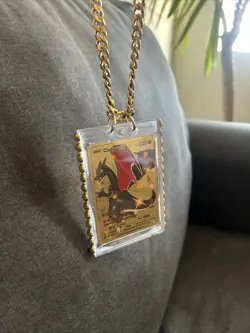 Gold Charizard Art Card On 18k Gold Plated Necklace Pokemon Handmade Fanart - Image 2