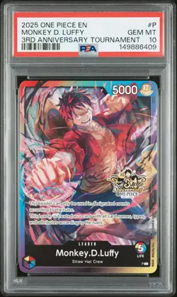 2025 ONE PIECE PROMOS 3RD ANNIVERSARY TOURNAMENT #P MONKEY D. LUFFY PSA 10 - Image 1