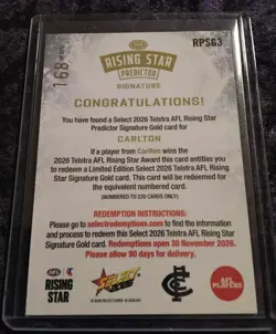2026 Select AFL Carlton Nab Rising Star Prediction card. - Image 2