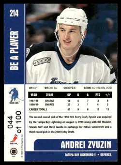 1999-00 Be a Player Memorabilia Andrei Zyuzin /100 Tampa Bay Lightning #214 . - Image 2