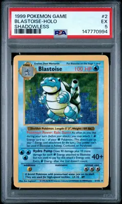 1999 POKEMON GAME SHADOWLESS #2 BLASTOISE-HOLO PSA 5 - Image 1