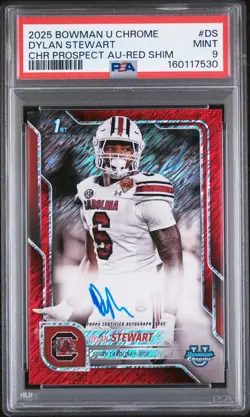 Dylan Stewart 2025 Bowman University Chrome Prospect Auto #DS Red Shim /5 PSA 9 - Image 1