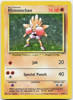 Hitmonchan 7/102 Holo Holo Rare Base Set Unlimited Pokemon Moderately Played - Image 1