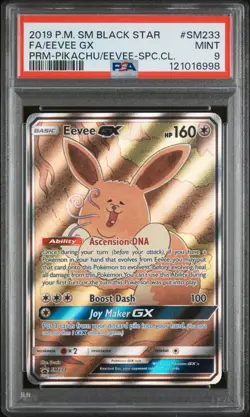 2019 P.M. SM Black Star FA/EEVEE GX PRM-Pikachu/Eevee-SPC.CL. PSA 9 - Image 1