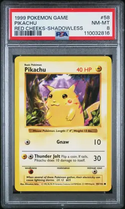 1999 Pokemon Game Pikachu #58 Red Cheeks-Shadowless PSA 8 - Image 1