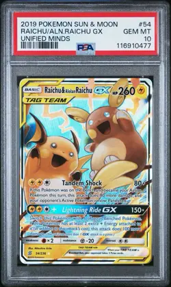 2019 POKEMON SUN & MOON UNIFIED MINDS #54 RAICHU & ALOLAN RAICHU GX PSA 10 - Image 1