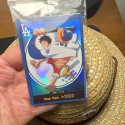 One Piece x Dodgers Card Promo! Monkey D. Luffy Your Turn +1000 Foil + Hat! - Image 1