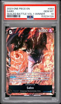 2023 ONE PIECE PROMOS SEALED BATTLE VOL.1-WINNER #083 SABO PSA 10 - Image 1