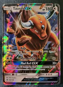 Pokemon Tauros GX 100/149 Ultra Rare Sun & Moon Base Set Vintage Holo Card NM - Image 1