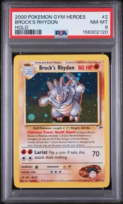 2000 POKEMON GYM HEROES HOLO #2 BROCK'S RHYDON PSA 8 - Image 1