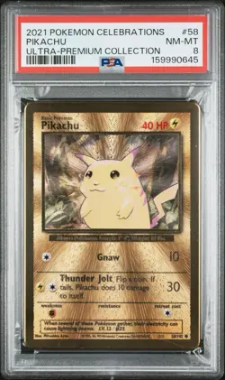 Pikachu Gold Metal PSA 8 NM-MT 2021 Pokemon Celebrations Ultra-Premium #58/102 - Image 1