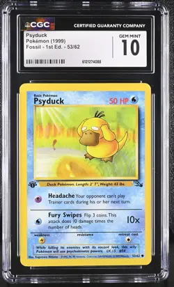 CGC 10 GEM MINT Psyduck 1999 Fossil 1st Edition 53/62 Pokemon Card - Image 1