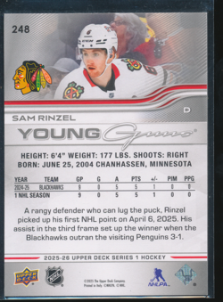 2025-26 Upper Deck Series 1 Sam Rinzel YG Young Guns #248 Rookie RC C189 - Image 2