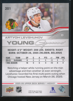 2025-26 Upper Deck Series 1 Artyom Levshunov YG Young Guns #201 Rookie RC C884 - Image 2