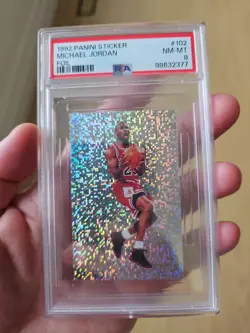 1992 Panini Sticker MICHAEL JORDAN #102 Foil HOF Bulls PSA 8 - Image 1