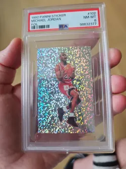 1992 Panini Sticker MICHAEL JORDAN #102 Foil HOF Bulls PSA 8 - Image 2
