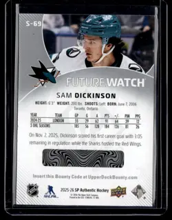 2025-26 Future Watch Level 2 Sam Dickinson Rookie San Jose Sharks #S-69 - Image 2
