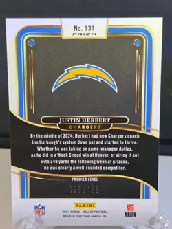 Panini 2024 Select Justin Herbert White Shock Prizm 131 /199 Premier Level - Image 2