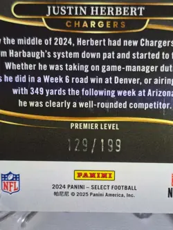 Panini 2024 Select Justin Herbert White Shock Prizm 131 /199 Premier Level - Image 3
