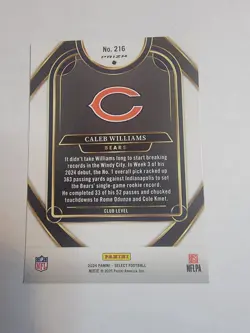 Panini 2024 Select Caleb Williams #216 Club Level Prizm Rookie Bears - Image 2