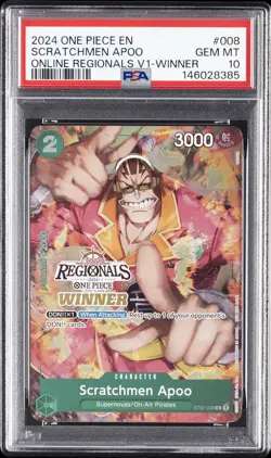 2024 ONE PIECE ONLINE REGIONALS PACK 2024 VOL.1 WINNER SCRATCHMEN APOO PSA 10 - Image 1